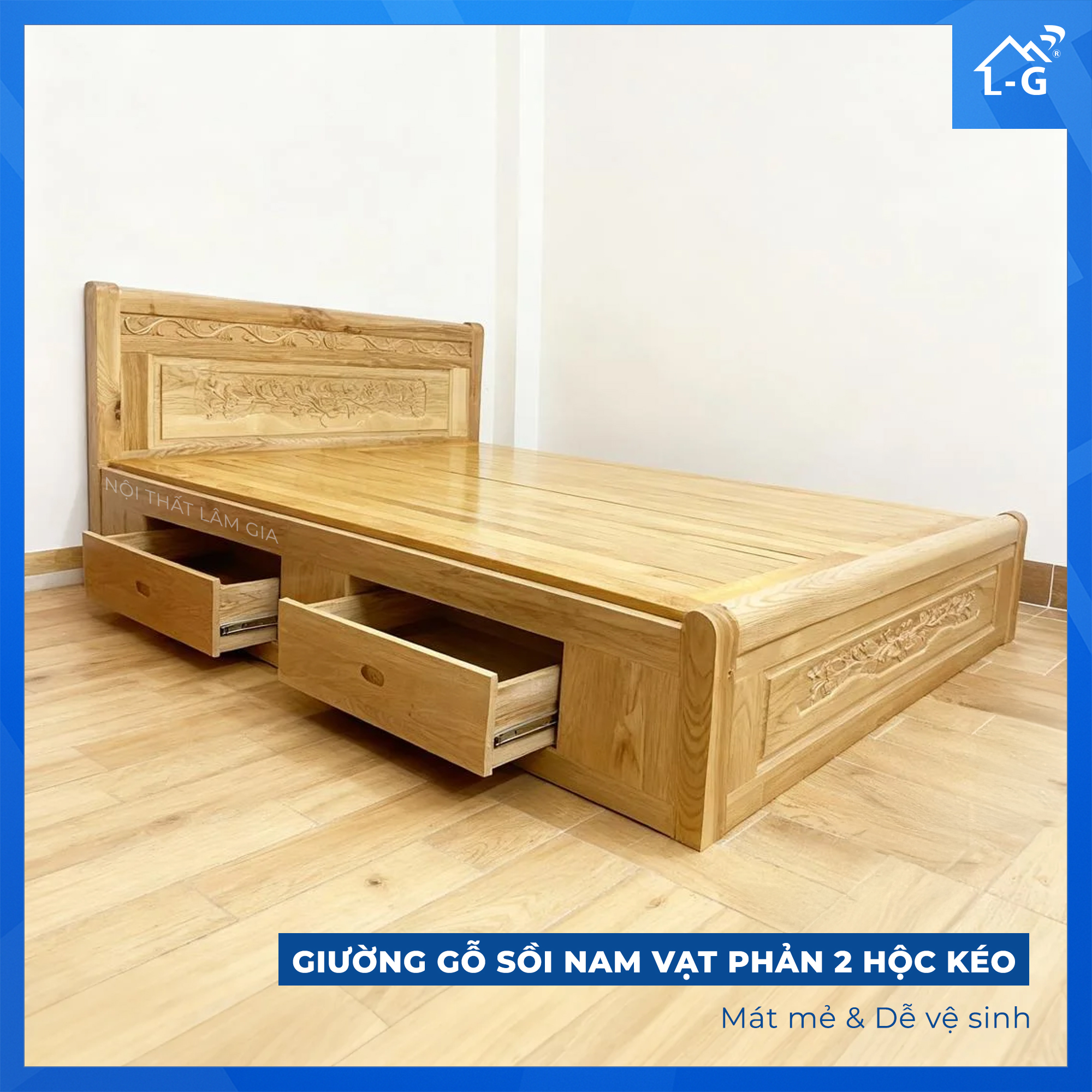 Giường Gỗ Sồi Tự Nhiên Lâm Gia Vạt Phản + Hộc Kéo (GGSTNLGVPHK)